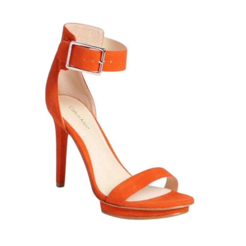 Calvin Klein Women's Vivian Suede Orange Ankle Strap Open Toe High Heels Sz 10